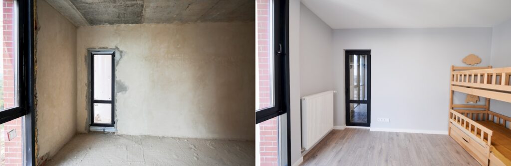Apartment room with bunk bed before and after renovation.