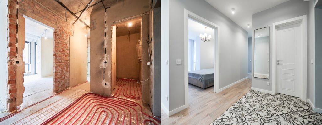 Apartment with underfloor heating before and after renovation.