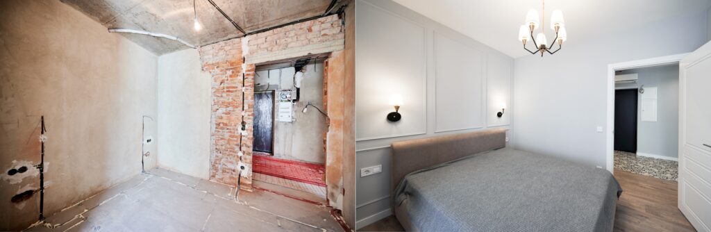 Comparison of bedroom before and after renovation.