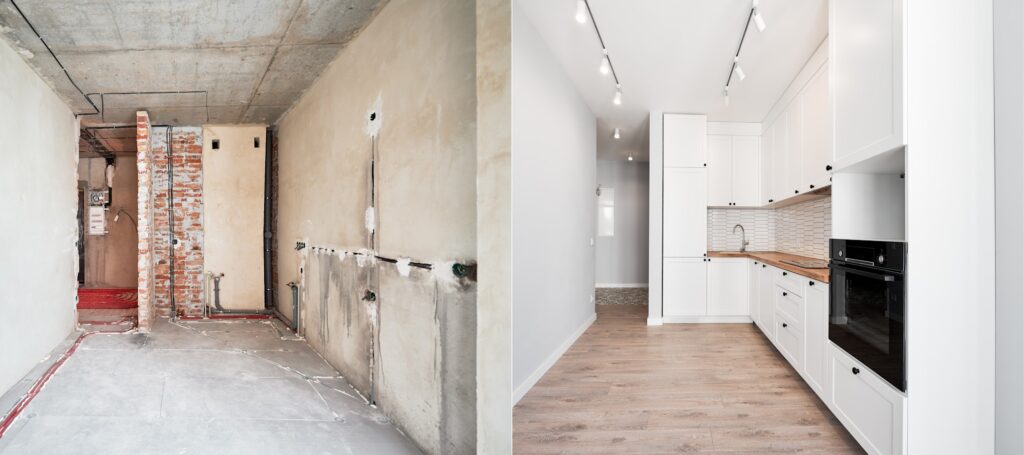 Comparison of kitchen before and after renovation.